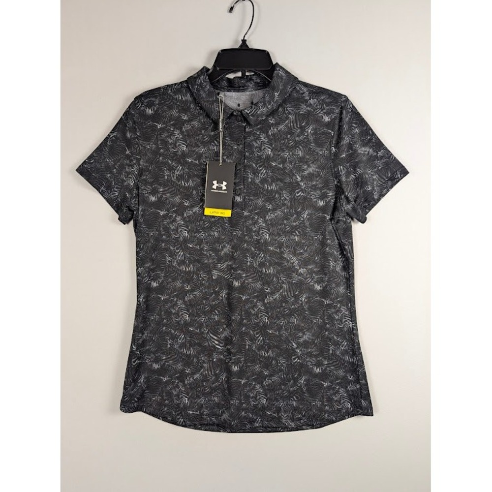 Under Armour Golf Polo Shirt Womens M Black Grey Print UPF50+ UW0517